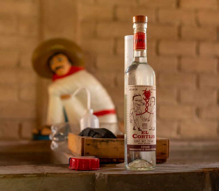 Close-up of a mezcal bottle with rustic Mexican decor background.